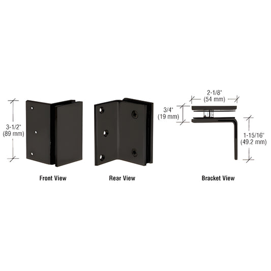 GE90SMBL matte black brass Geneva wall-mount bracket for 8-12mm (5/16-1/2") glass, square-corner design, front/rear views