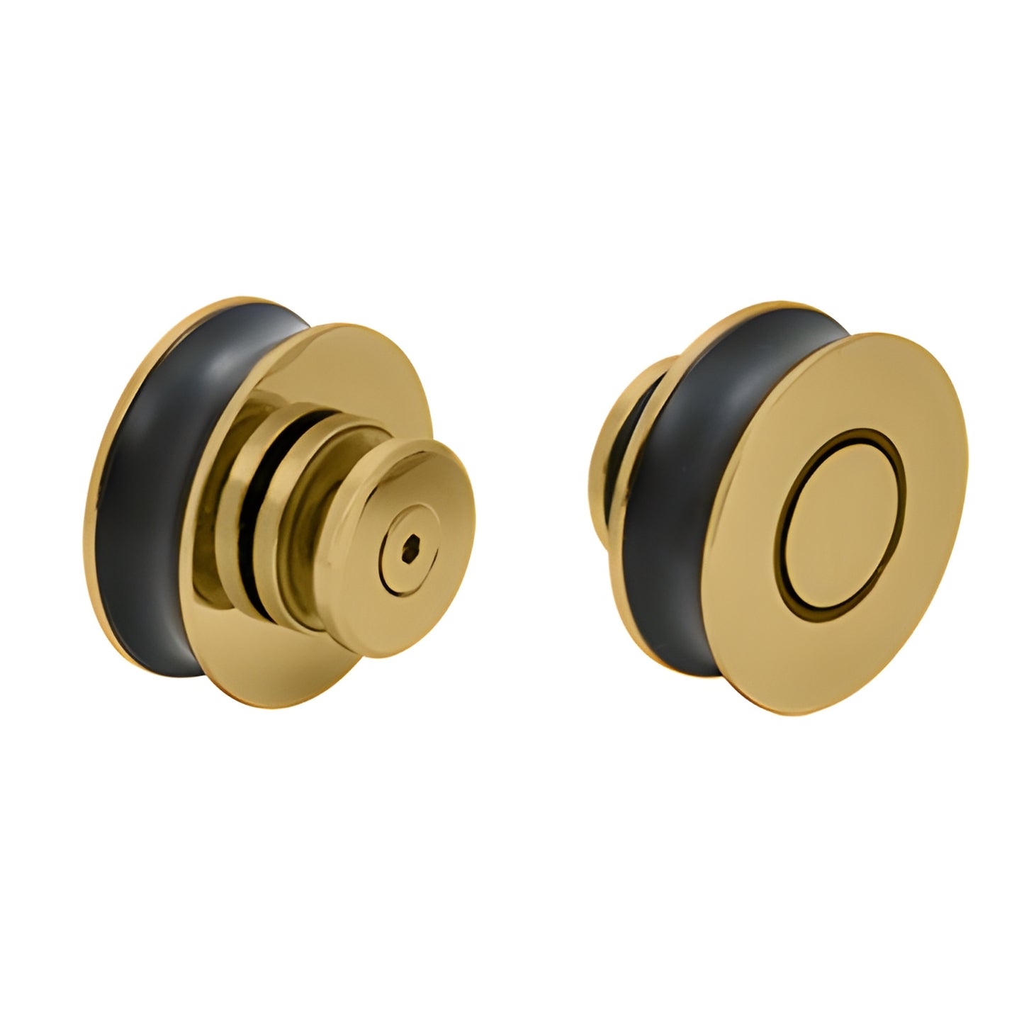 CRE78SB Crescent frameless sliding shower hardware in satin brass - top round rollers and header on clear glass.