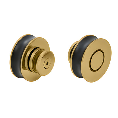 CRE78SB Crescent frameless sliding shower hardware in satin brass - top round rollers and header on clear glass.