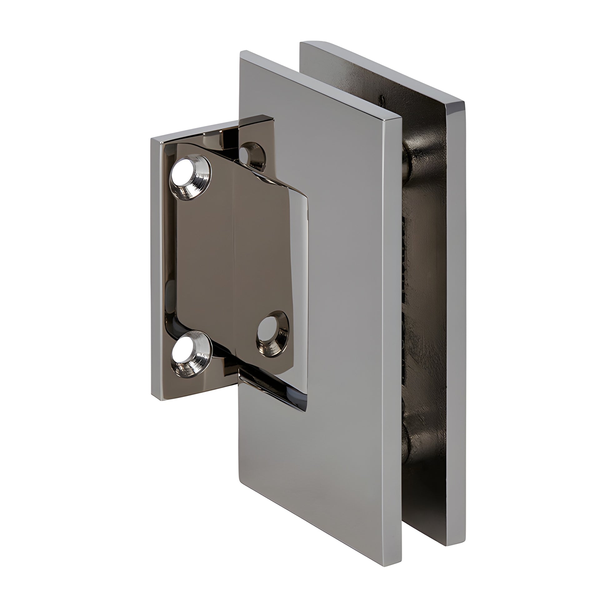 Polished nickel brass Geneva shower hinge (GEN074PN), wall-mount short back plate, self-centering for 8-12mm glass.