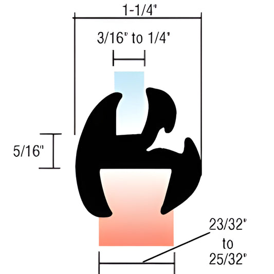 AS1706 black EPDM two-piece self-sealing weatherstrip cross-section, 1-1/4" wide, fits 3/16-1/4" glass.