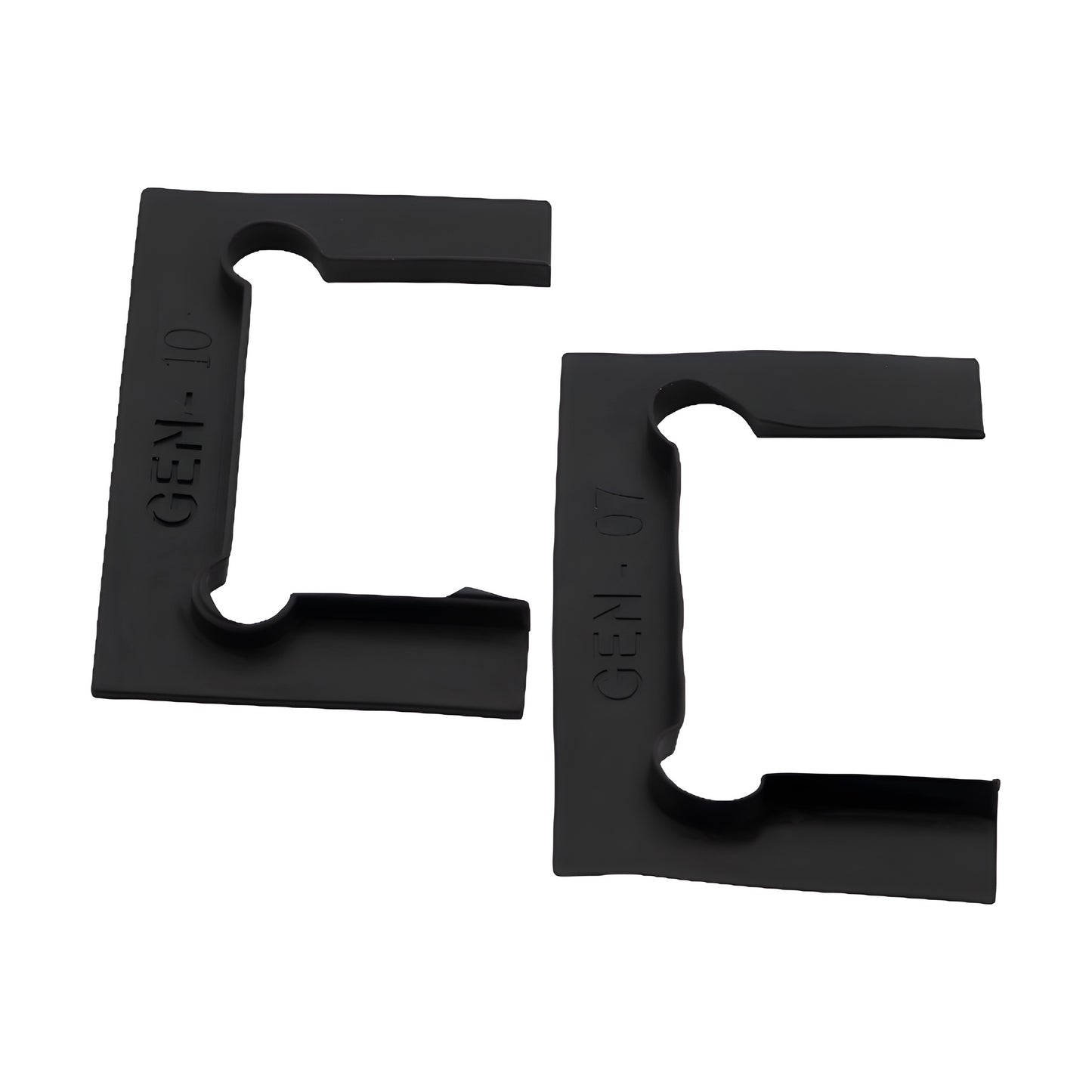 Black polycarbonate Geneva hinge replacement gaskets (GENGK1) - two fin-style slip-resistant pieces.