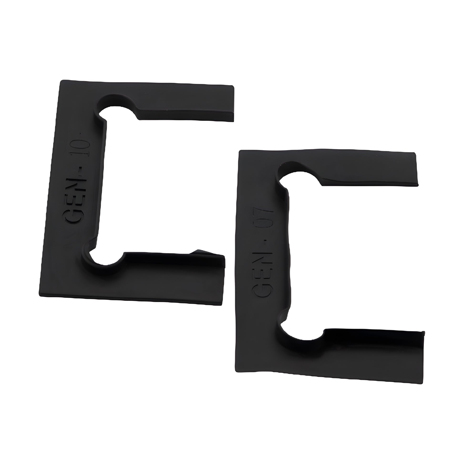 Black polycarbonate Geneva hinge replacement gaskets (GENGK1) - two fin-style slip-resistant pieces.