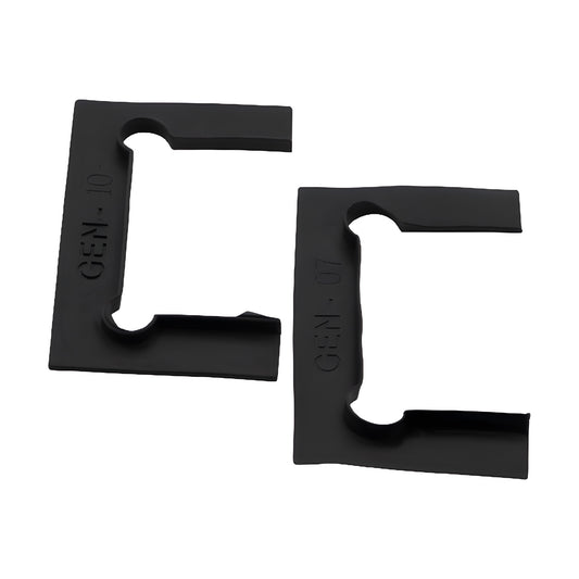 Black polycarbonate Geneva hinge replacement gaskets (GENGK1) - two fin-style slip-resistant pieces.