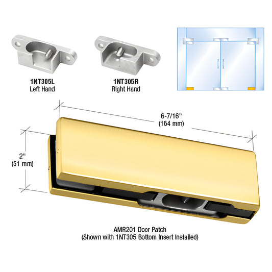 PH11ELBR polished brass Herculite+ bottom pivot door patch for 3/8-1/2" tempered glass (left-hand, AMR201).