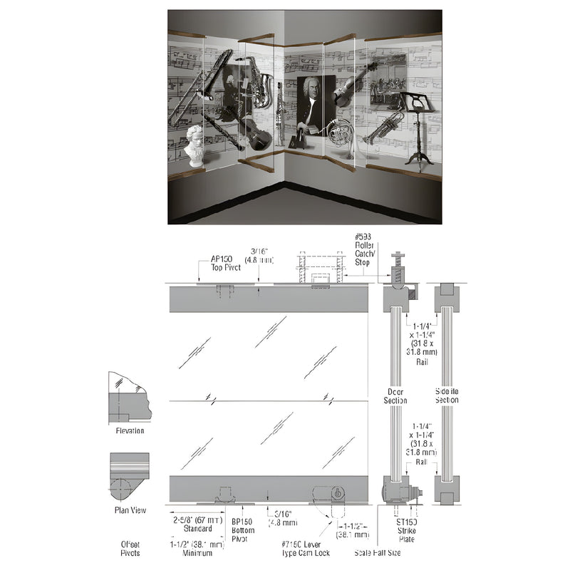 SKU 13SDT12DU: Blumcraft 1301 fully glazed aluminum display case door with narrow rails, corner view and CAD drawing