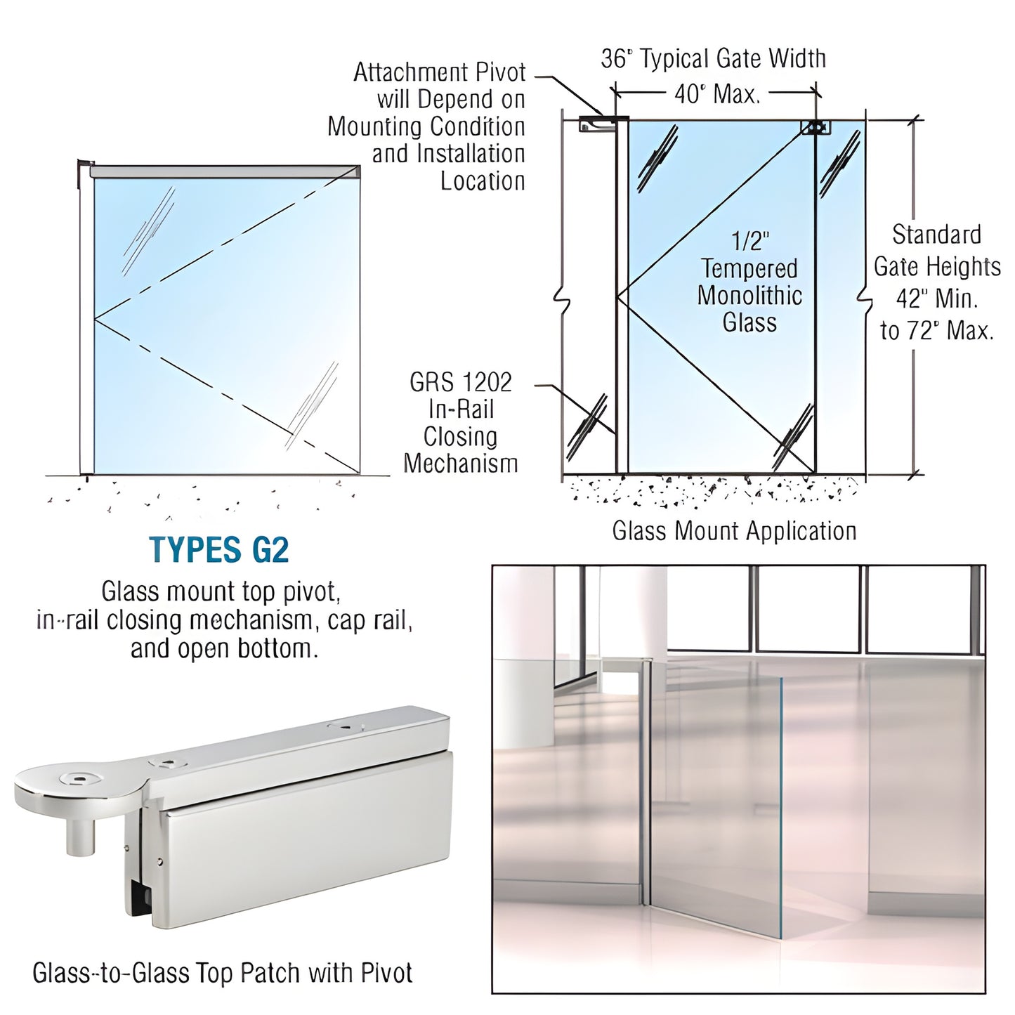 Polished stainless steel GRS 1202 G2 glass swinging gate hardware with concealed in rail closer, top pivot; fits 3/8-1/2 gla