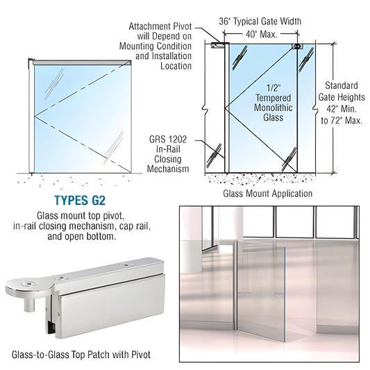 Polished stainless steel GRS 1202 G2 glass swinging gate hardware with concealed in rail closer, top pivot; fits 3/8-1/2 gla