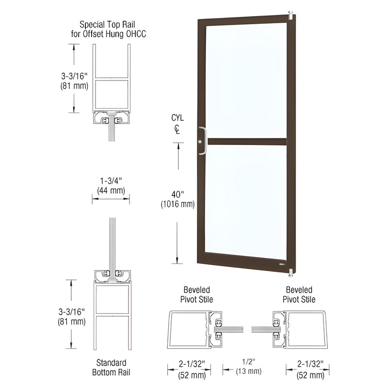 DZ21122 narrow-stile commercial entrance door, Black Bronze Anodized frame with glass; 2" stiles, 3-3/16" rails.