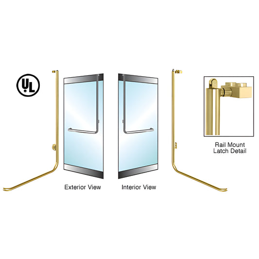 Satin brass PA100 panic rail-mount handle for 1/2-3/4 glass doors, exterior keyed, SKU 3P100D4RKSB.