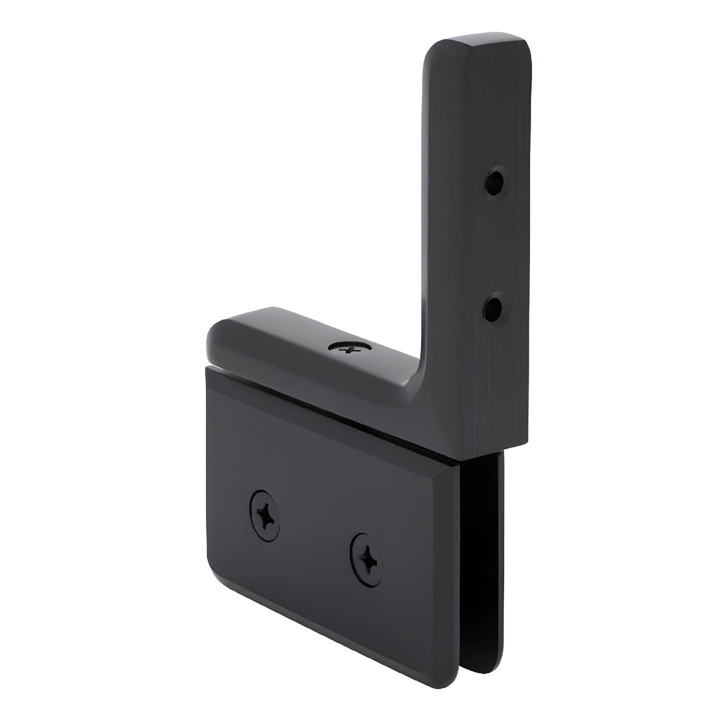 Matte black Prima pivot shower door hinge (SKU PPH03MBL) for 8-10mm tempered glass, wall mount L bracket, self centering