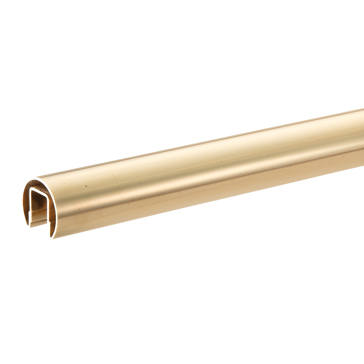 GR15PB polished brass round cap rail, 1-1/2 in dia, bump-formed top rail with internal channel, 120 in length