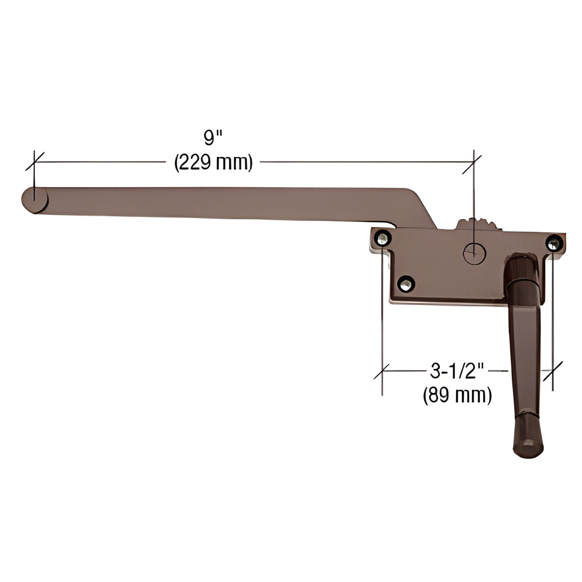 H3915 right-hand 9" brown casement window operator, diecast crank, 3-1/2" mounting hole spacing.