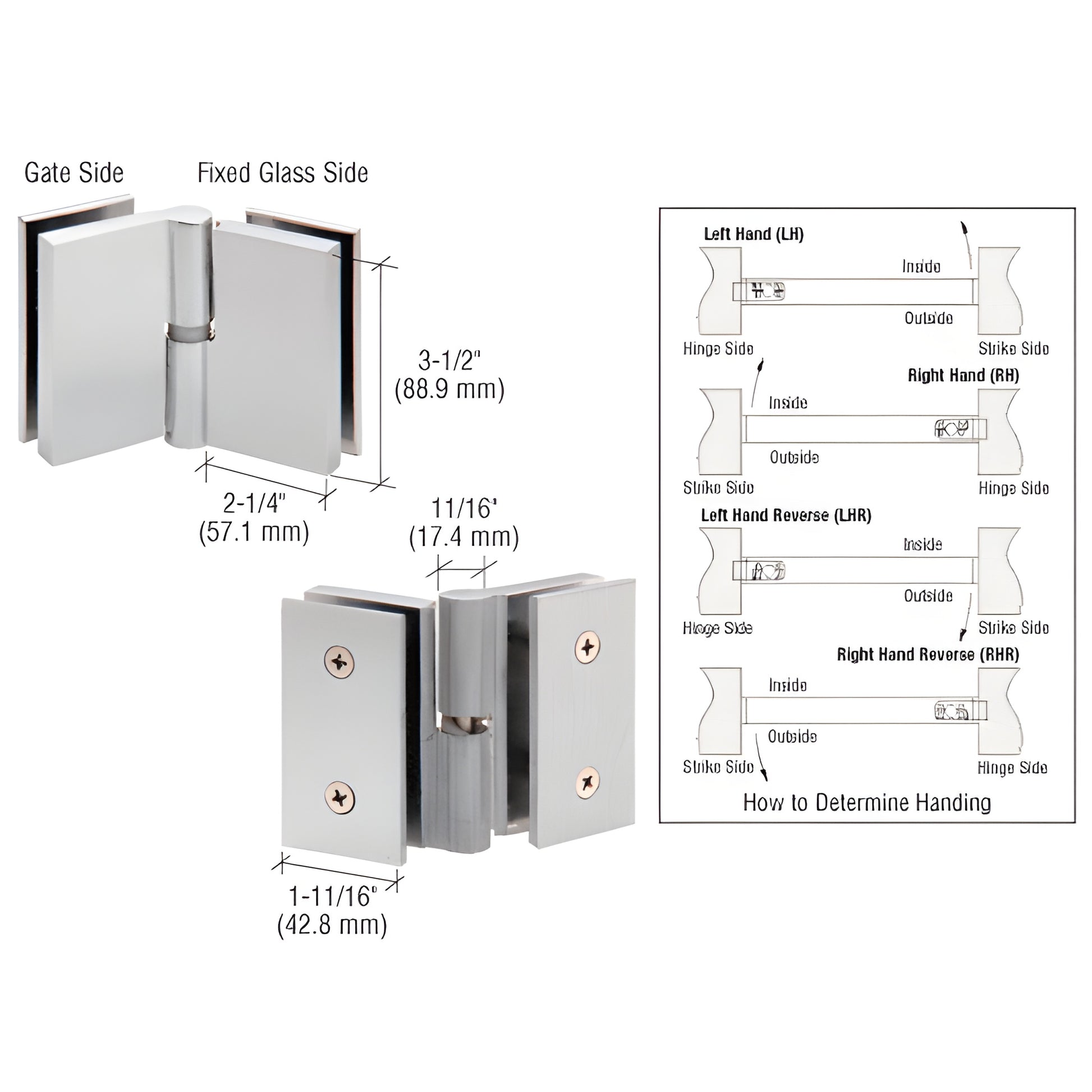 GH180LBS brushed 316 stainless left-hand self-closing glass-to-glass hinge for 10-12mm tempered glass