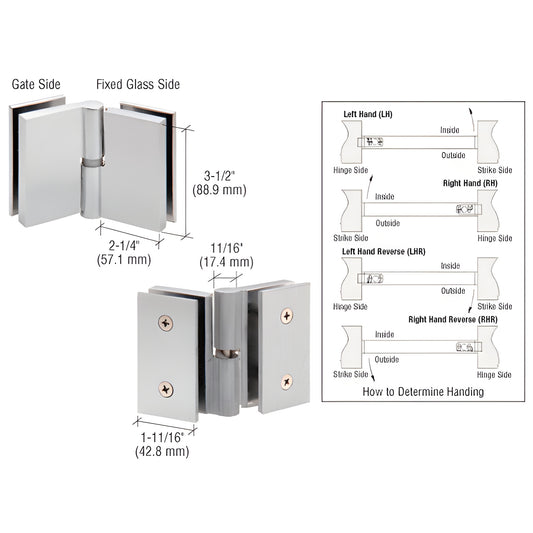 GH180LBS brushed 316 stainless left-hand self-closing glass-to-glass hinge for 10-12mm tempered glass