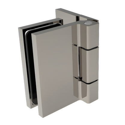 Polished chrome Como wall mount shower hinge for 8-10mm glass, offset back plate, 180 free swing.