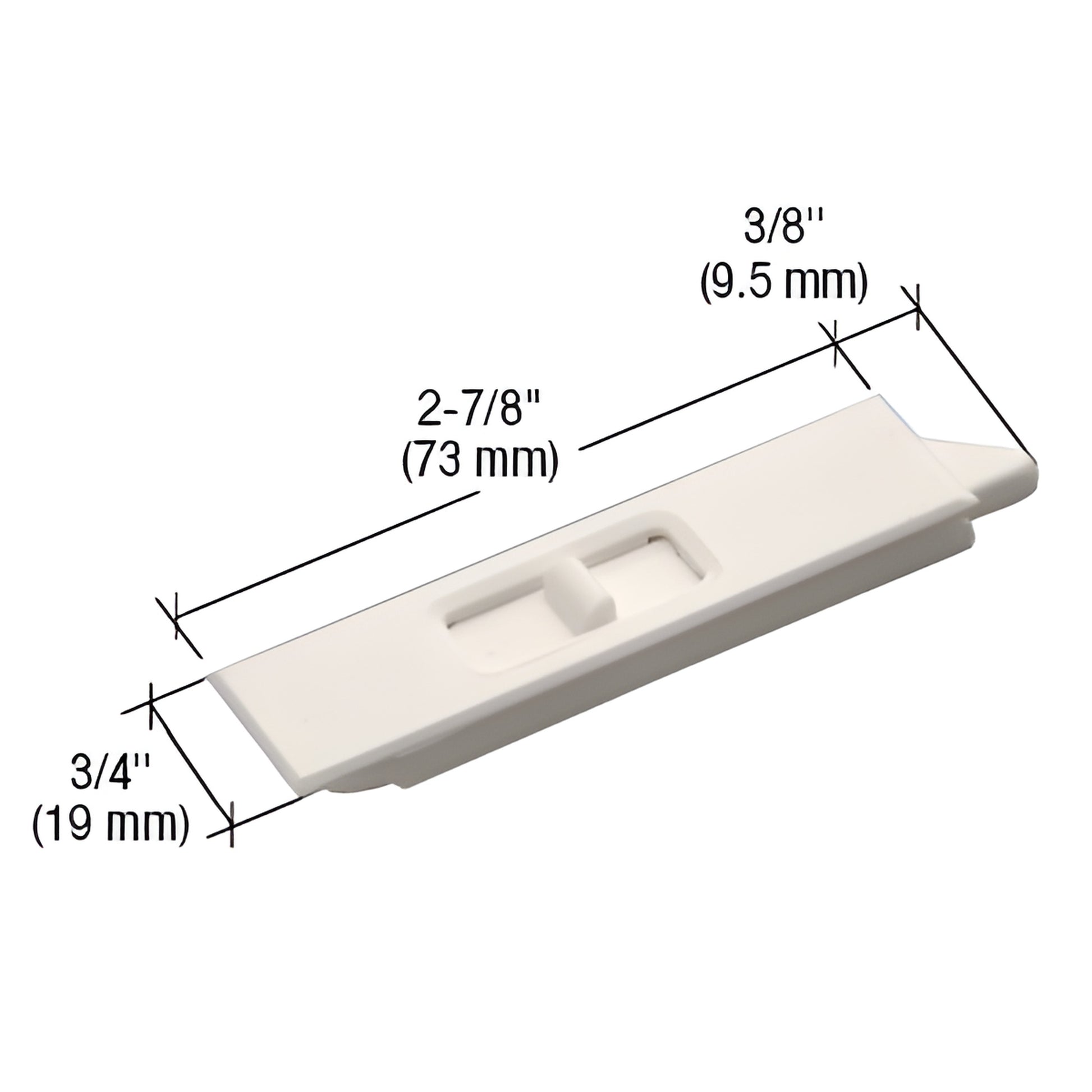 White plastic tilt window latch pair, SKU F2734 - mortise-style, 2-7/8" long.