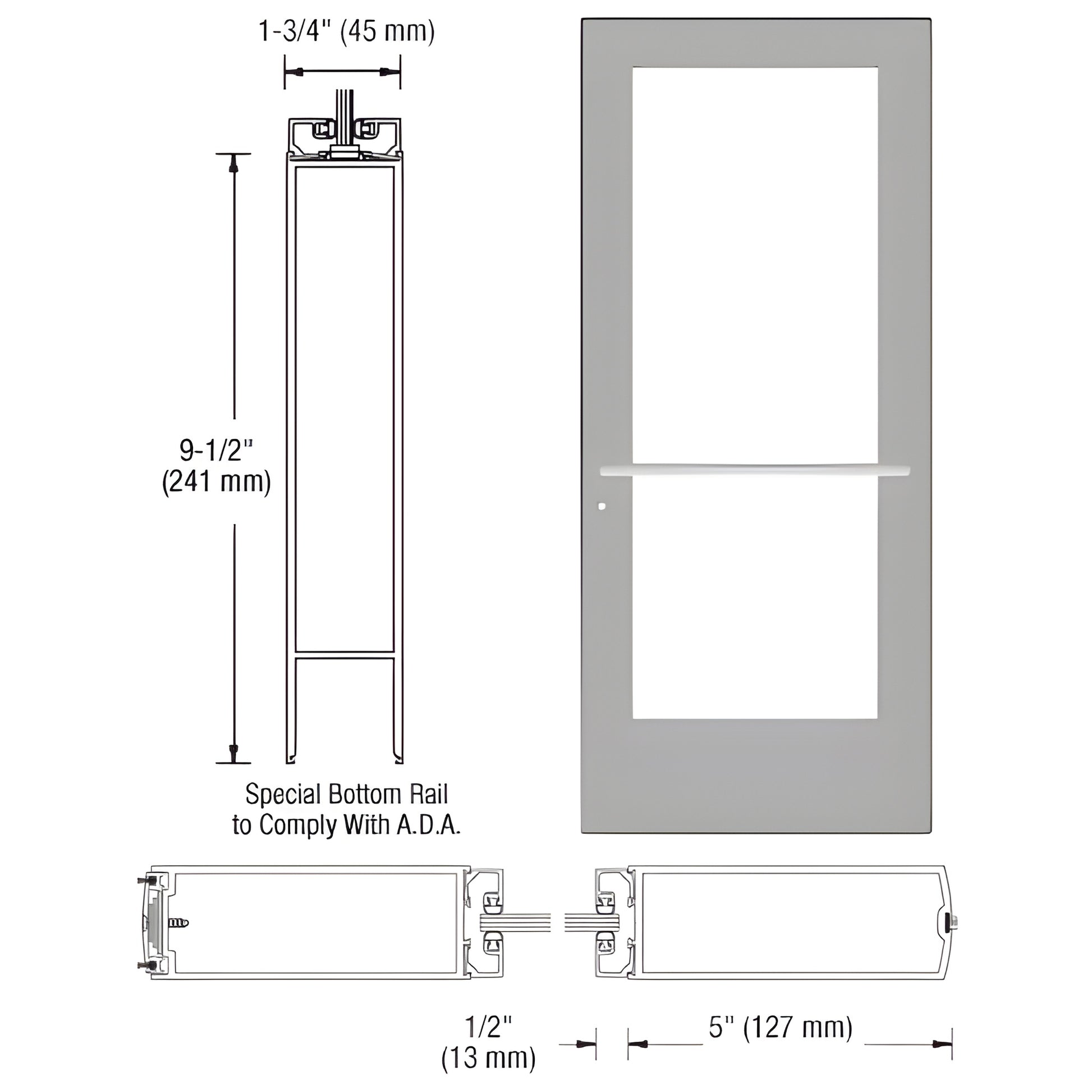 DE52711LA36 LA36 wide-stile clear anodized entrance door with 91 2" ADA bottom rail and large glass panel