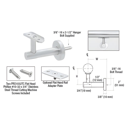 Mill-finish aluminum wall-mounted handrail bracket SKU HR2EWMA, 6063 alloy, fits 1-1/2"-2" tubing, 2-15/16" projection