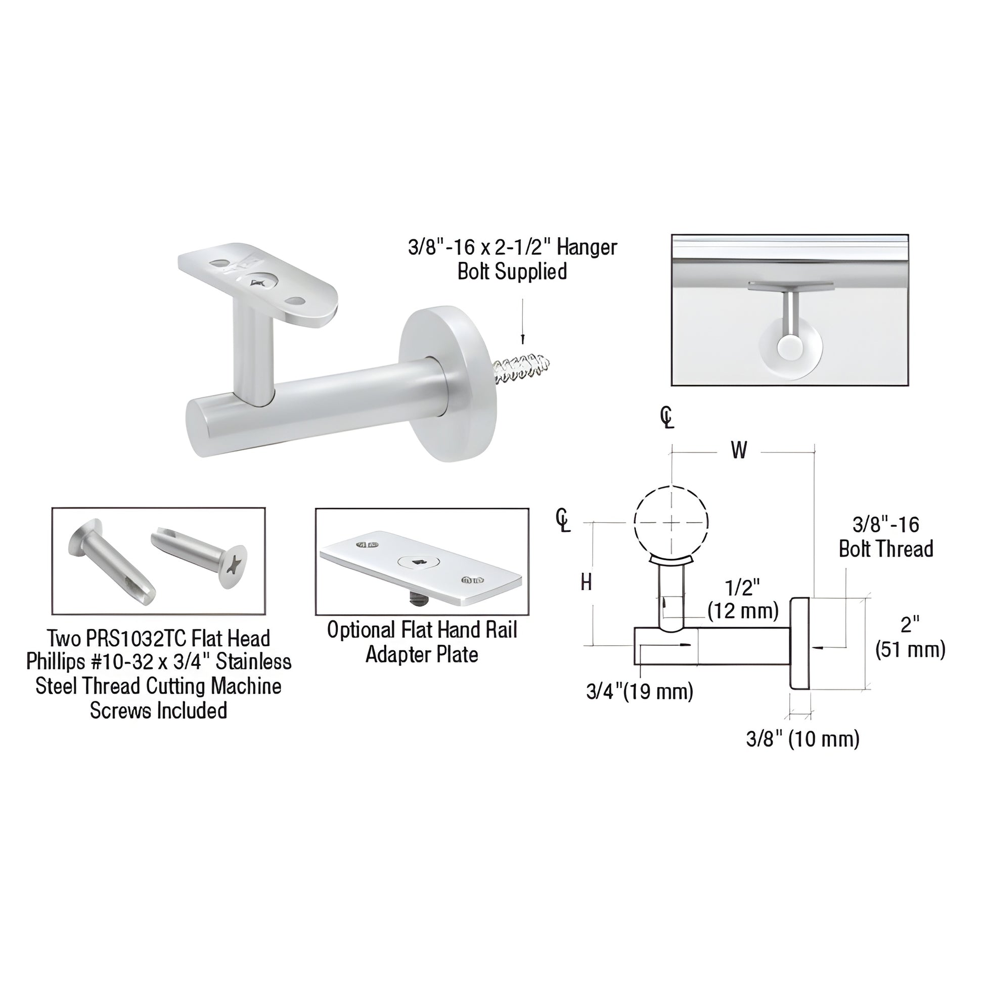 HR3EWMA CRL Malibu wall handrail bracket, powder-coated aluminum, fits 1-1/2-2" rail, 2-1/4" centerline projection