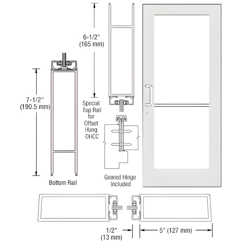 HE51952 white Kynar commercial wide-stile entrance door with large glass, push/pull hardware and geared hinge, rails
