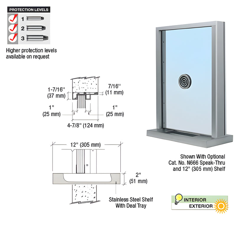 S1EW12A exterior glazed inset window, satin anodized frame, stainless steel shelf with bullet resistant deal tray