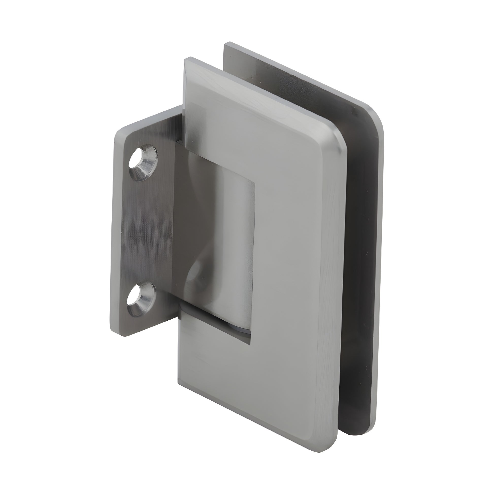 Brushed nickel CRL Pinnacle shower door hinge P1N074BN, solid brass wall-mount short back plate, fits 8-12mm glass.
