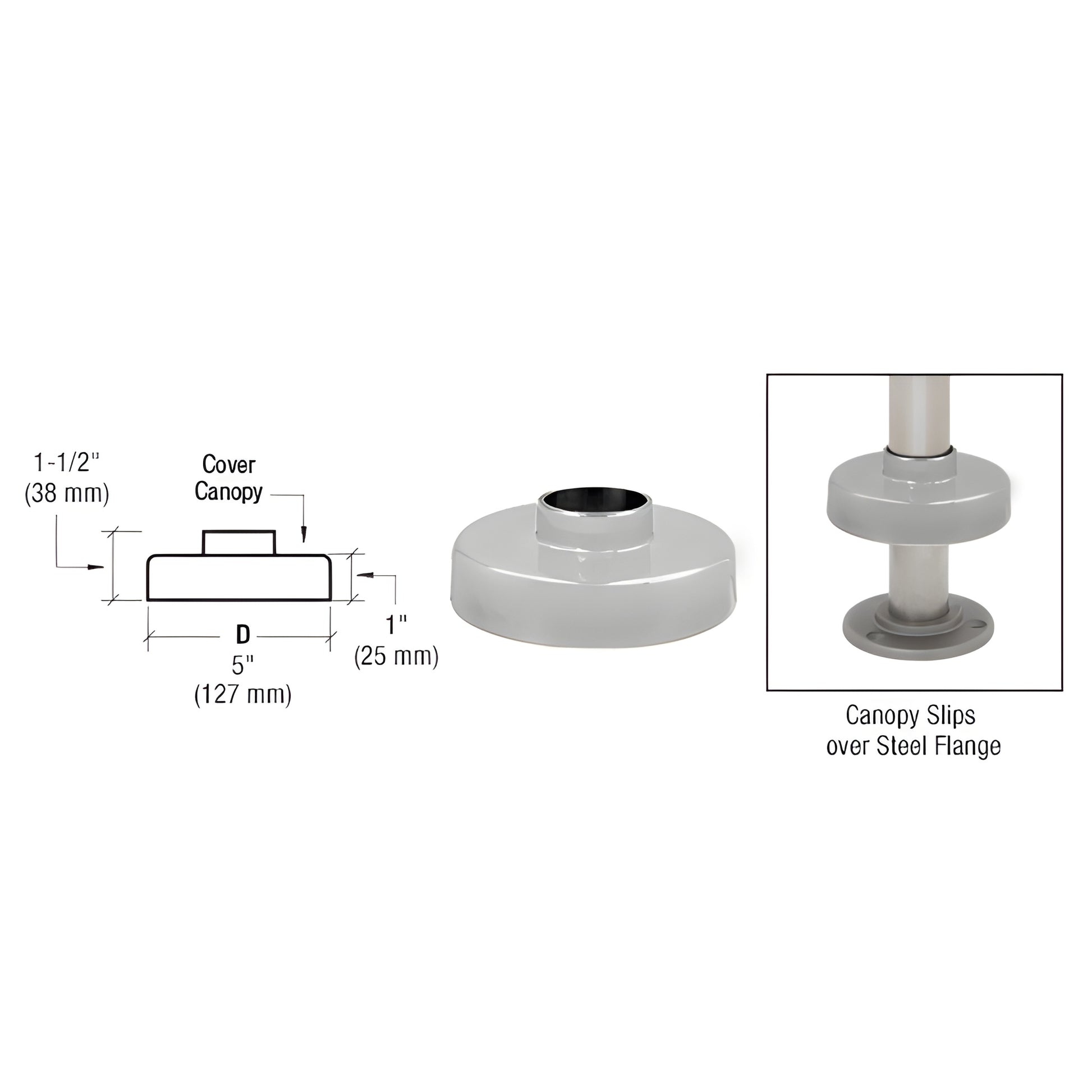 HR20XCBS brushed stainless steel handrail canopy, 5" diameter, slips over steel flange for a finished look.