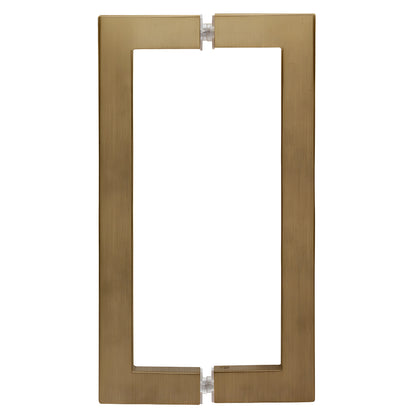 SQ Series square corner glass pull handle, dark brushed bronze brass, 8 in center, fits 1/4-1/2 in glass (SKU SQ8X8DBBZ)