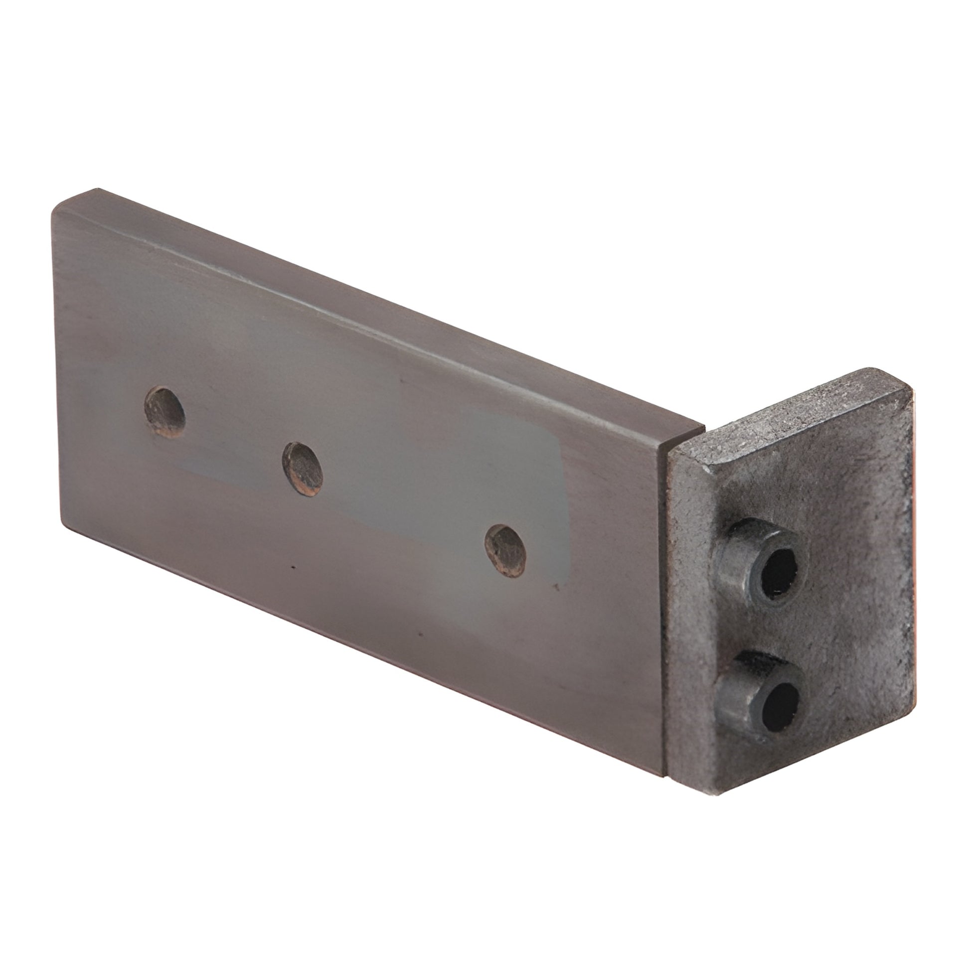 DJ210 drill guide, mill finish rectangular metal jig with three drilled holes and two side guide holes for anchor clips.
