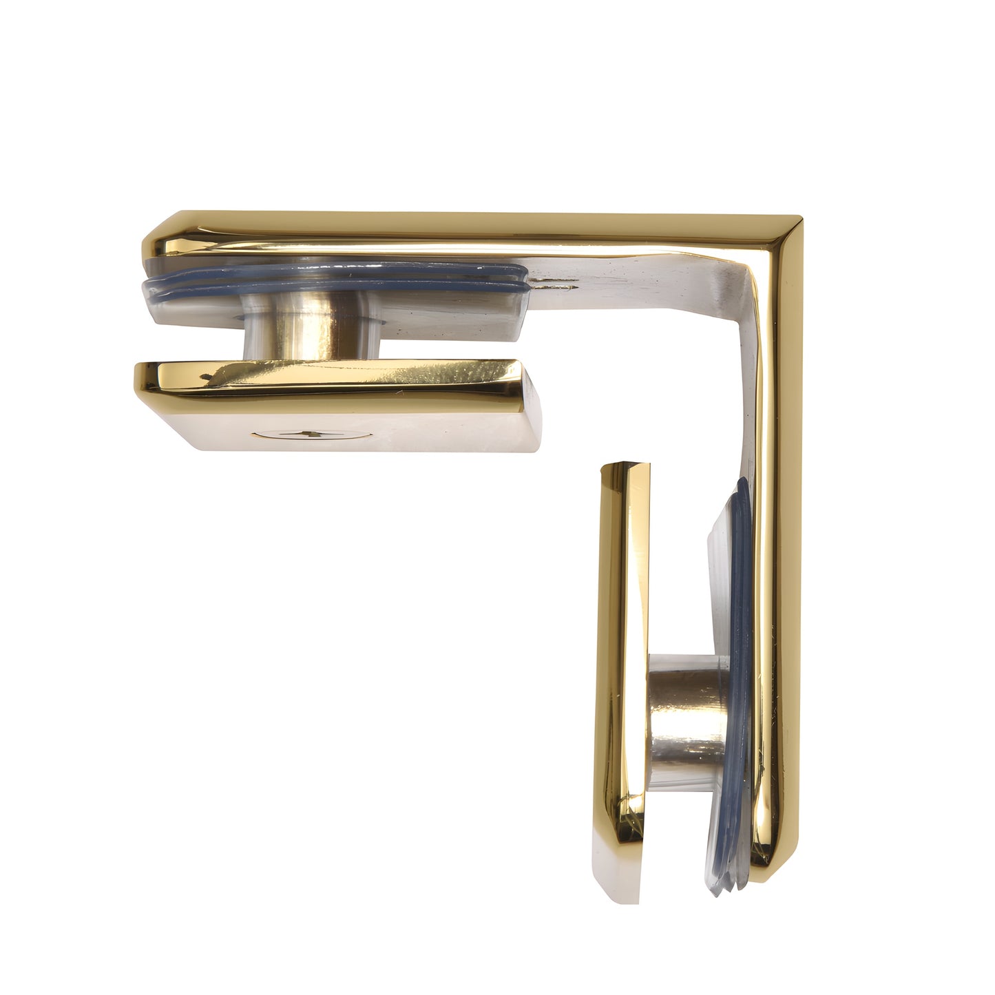 BGC90ULBR solid brass beveled 90 glass-to-glass clamp for frameless shower, unlacquered polished brass finish