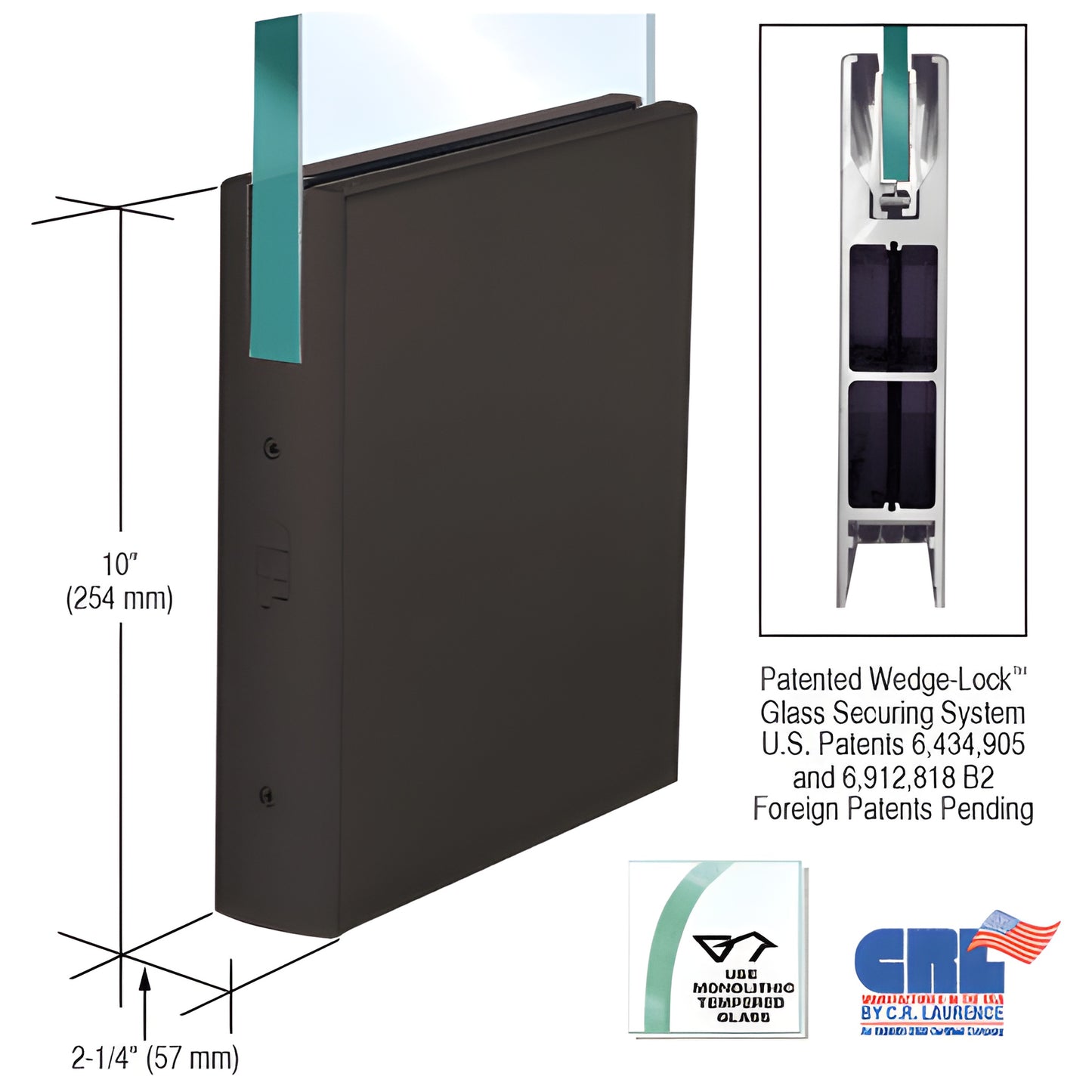 CRL Wedge-Lock 10 in oil-rubbed bronze square aluminum door rail for 3/4 in glass, 2-1/4 in wide (SKU DR10S0RB34C)