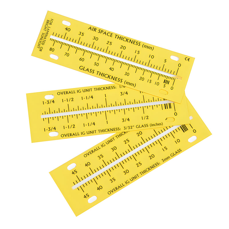 Yellow replacement scale set (SKU MG1500SS) for MG1500/MG1500MM glass thickness and IG air-space measurement.