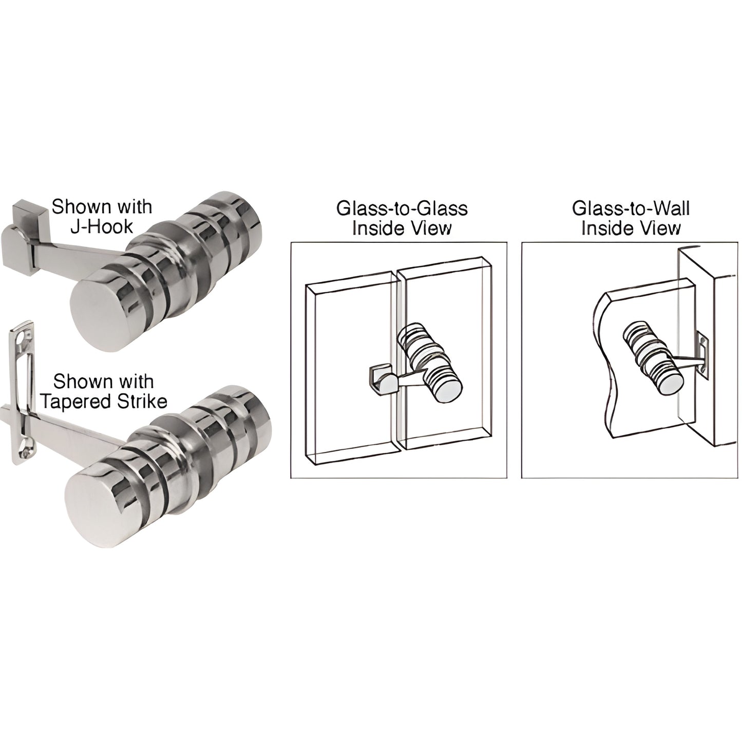 Brushed nickel LAT001BN solid-brass knob latch for 5/16-1/2 glass, shown with J hook and tapered strike.