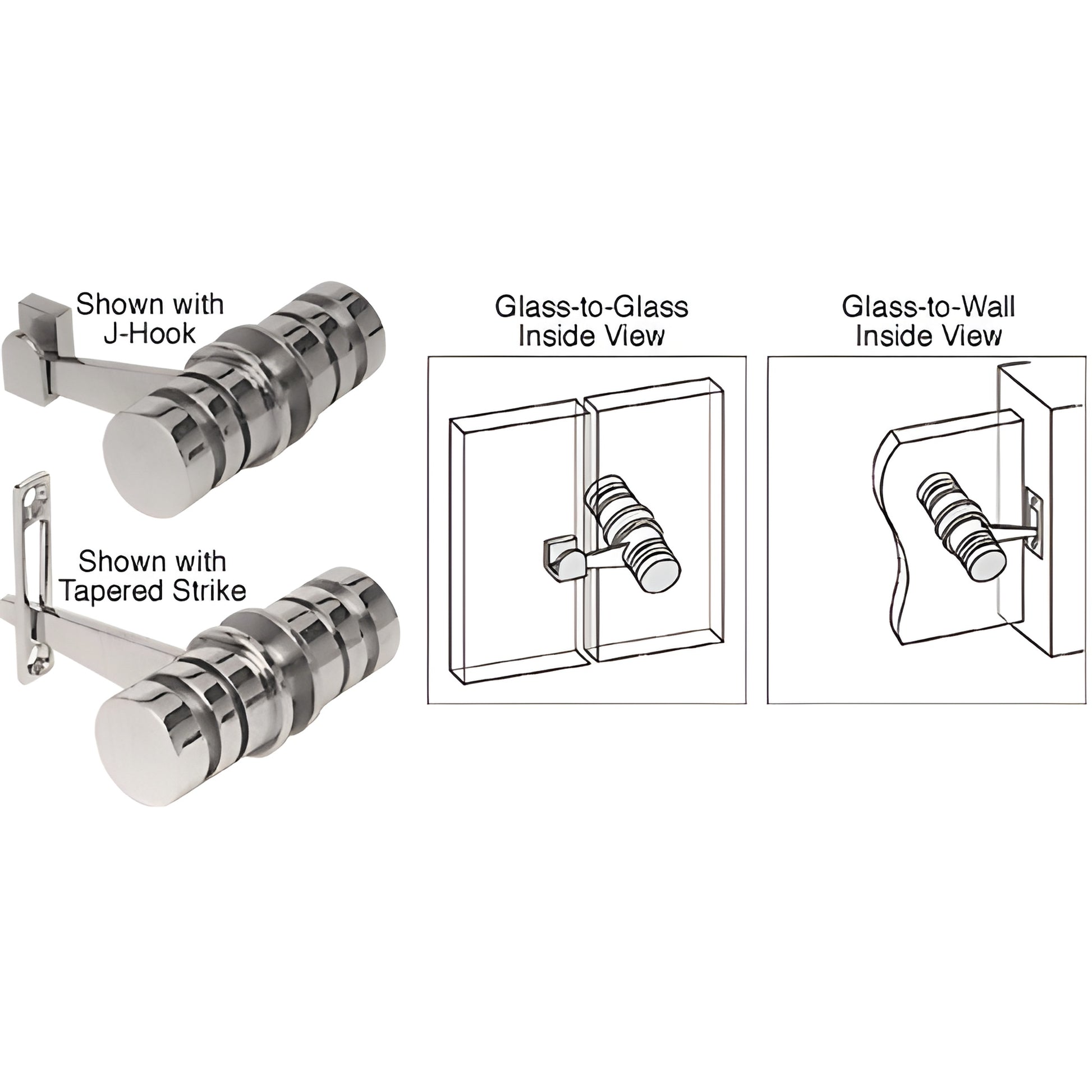 Brushed nickel LAT001BN solid-brass knob latch for 5/16-1/2 glass, shown with J hook and tapered strike.
