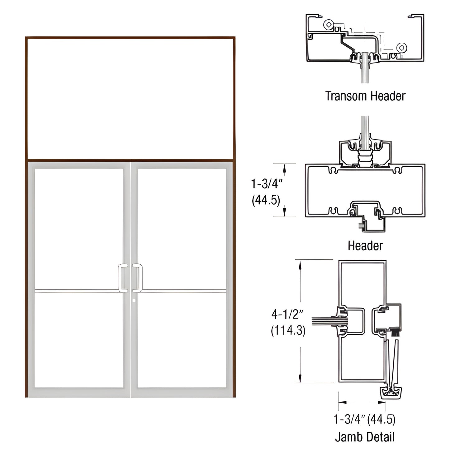 Black bronze anodized transom frame for commercial double doors with aluminum threshold. SKU FR62822