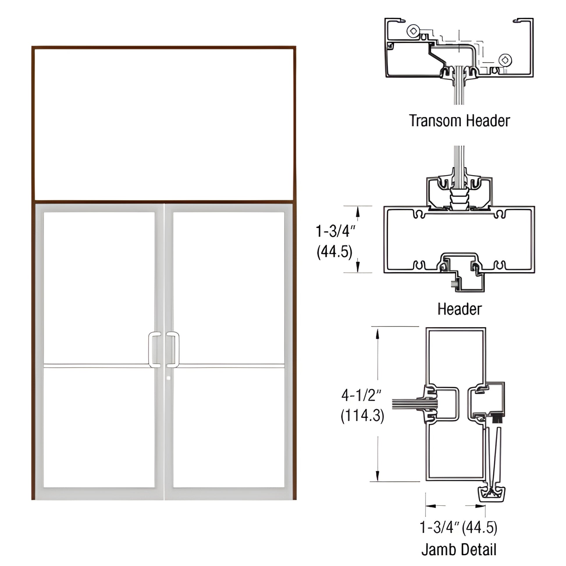 Black bronze anodized transom frame for commercial double doors with aluminum threshold. SKU FR62822