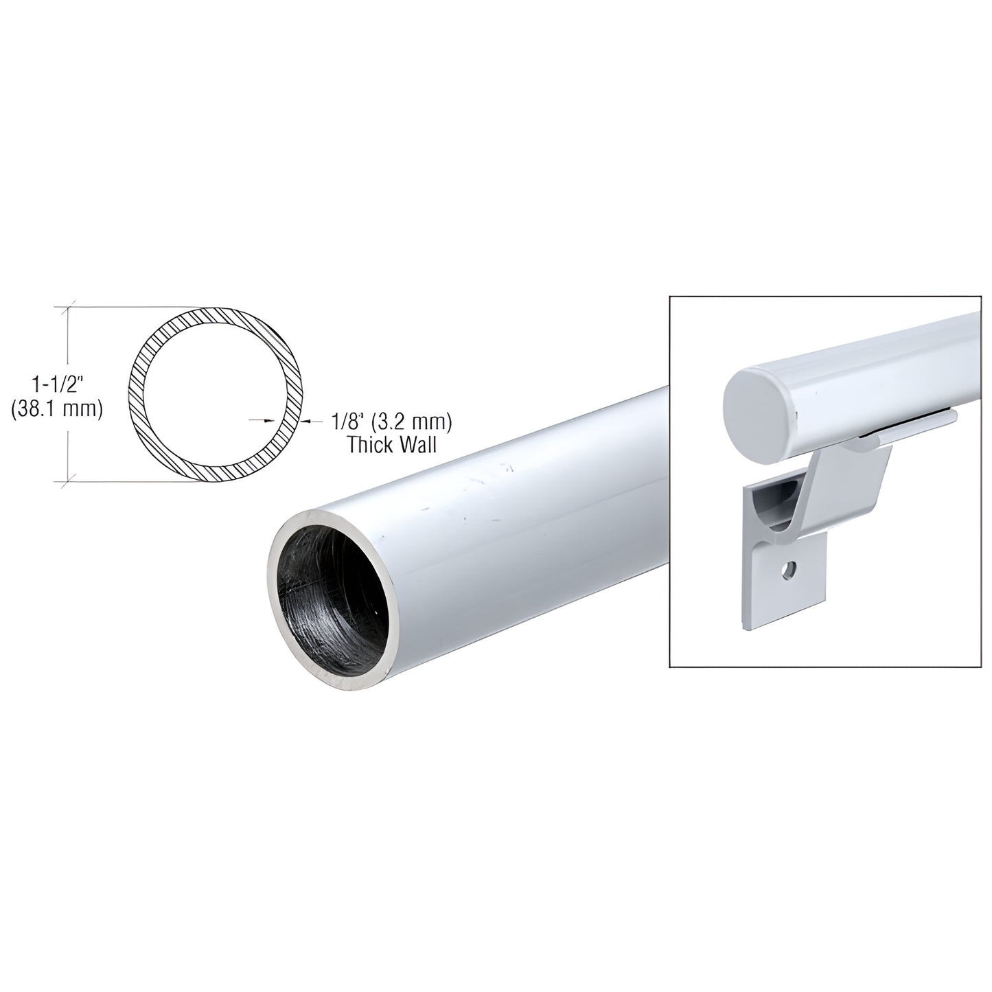 ARHR15CA 1-1/2" clear anodized aluminum handrail tube, 241" length, 1/8" wall, shown with mounting bracket