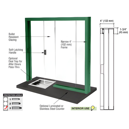 Bullet-resistant sliding service window, SKU SBRWK3 - aluminum green frame, 1-1/4" polycarbonate glazing, interior use.