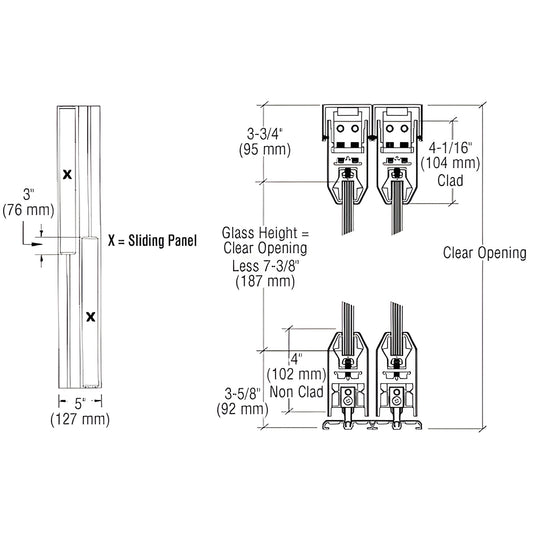 SDR2BSA bottom-rolling sliding door system technical drawing showing 4-inch DR4T rails and key dimensions