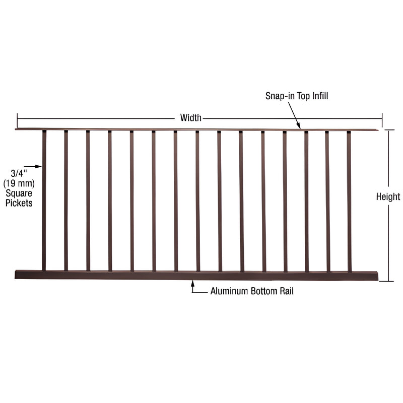 CRL aluminum picket fence panel P7236BRZ, matte bronze, 15 pickets, 77 5/8 33 1/8 in, snap in top infill and bottom rail.