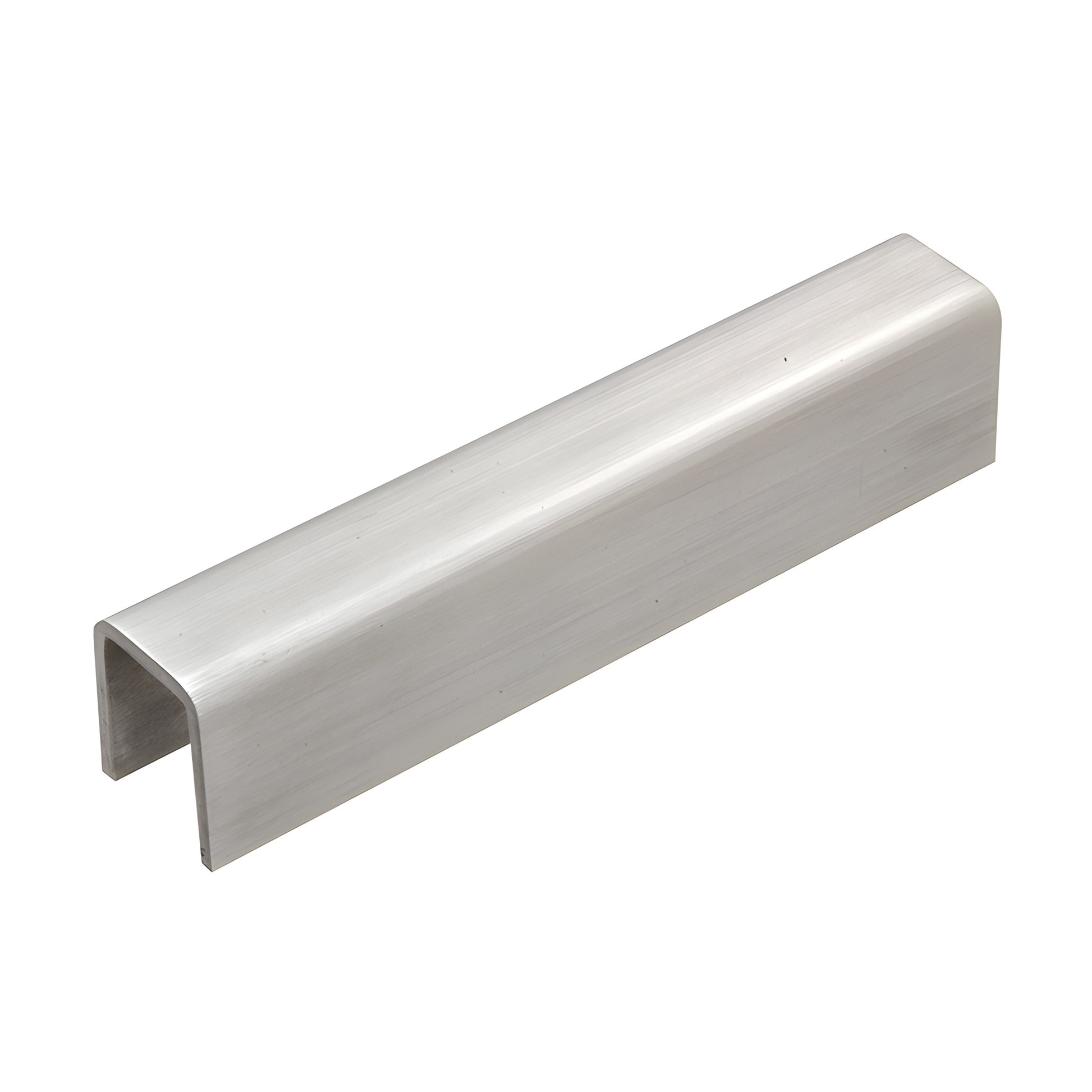 Brushed stainless steel low-profile U-shaped cap rail (SKU GRL10BS14) for 1/2 and 5/8 in. glass panels.