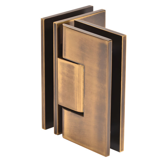 Vienna square-profile glass-to-glass shower hinge in vintage brass, SKU V1E092VBR