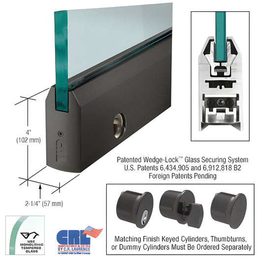 CRL Wedge-Lock 4in tapered door rail, black bronze anodized, for 5/8 in glass, includes lock - SKU DR4TDU58CL