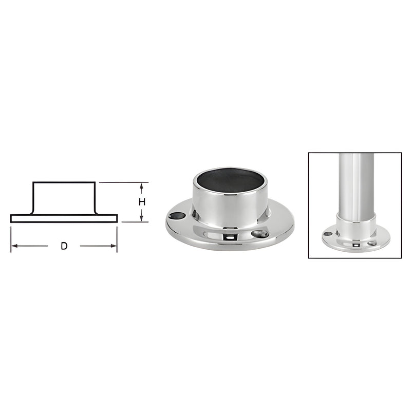 HR15YPS polished stainless steel slip on partition post flange, 2-15/16" round end cap with three screw holes.