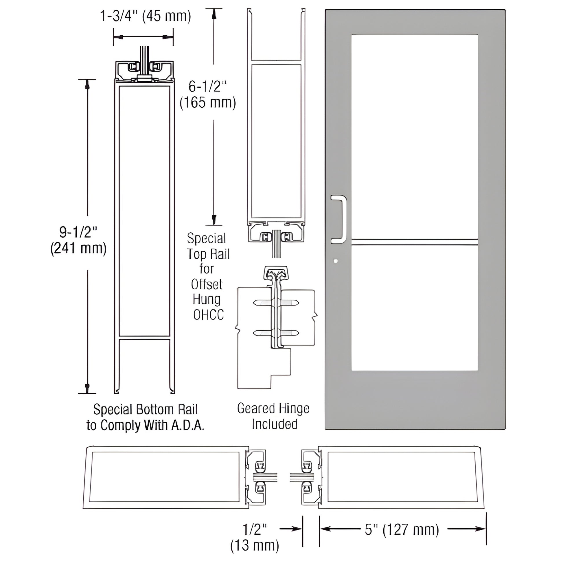 DE51911 clear anodized custom wide stile aluminum entrance door, 5 in stiles, ADA 9.5 in bottom rail, prepped for 1/4 in glas