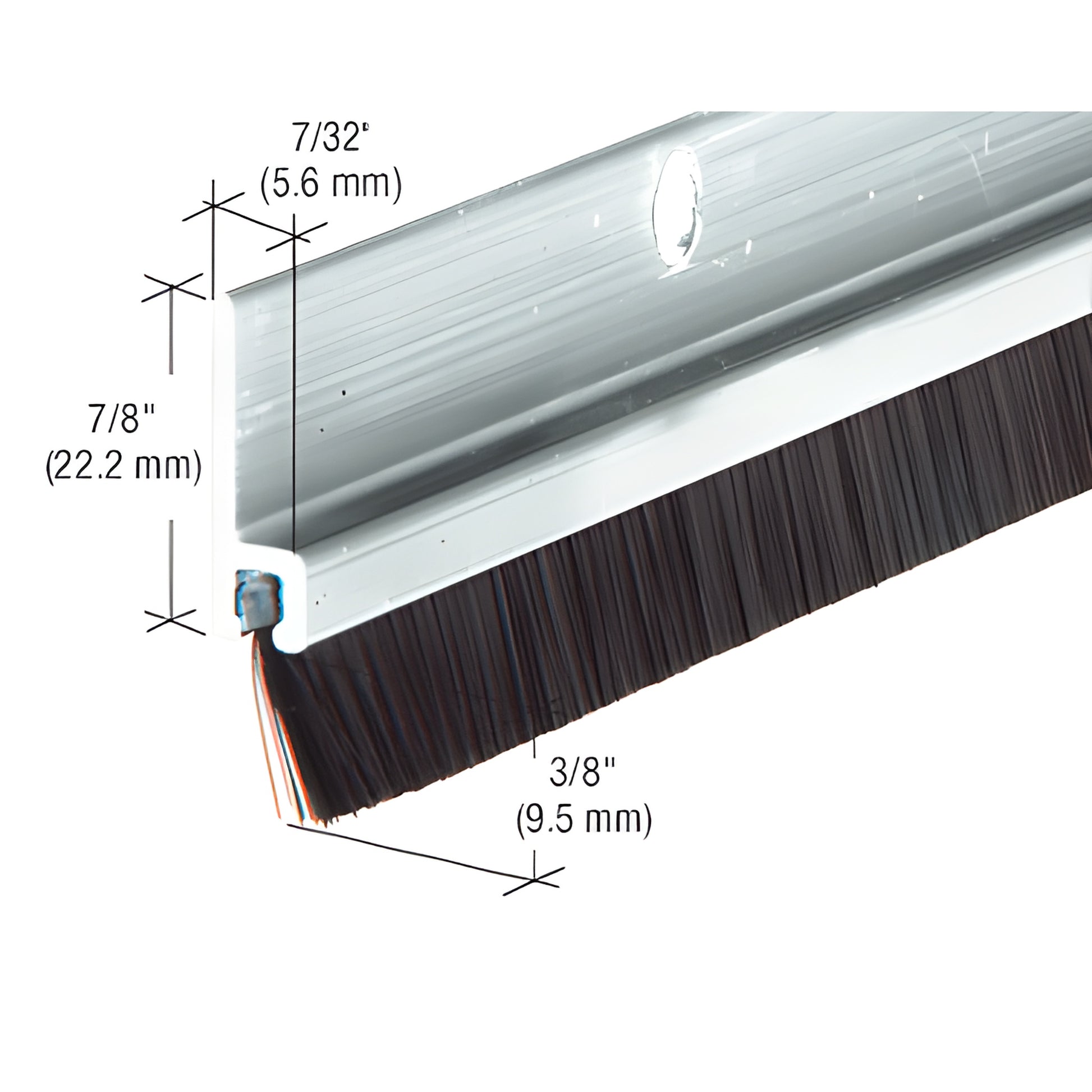 Aluminum door sweep WS257AV96, extruded aluminum carrier with 3/8 in nylon brush, 96 in length, seals gaps and reduces drafts
