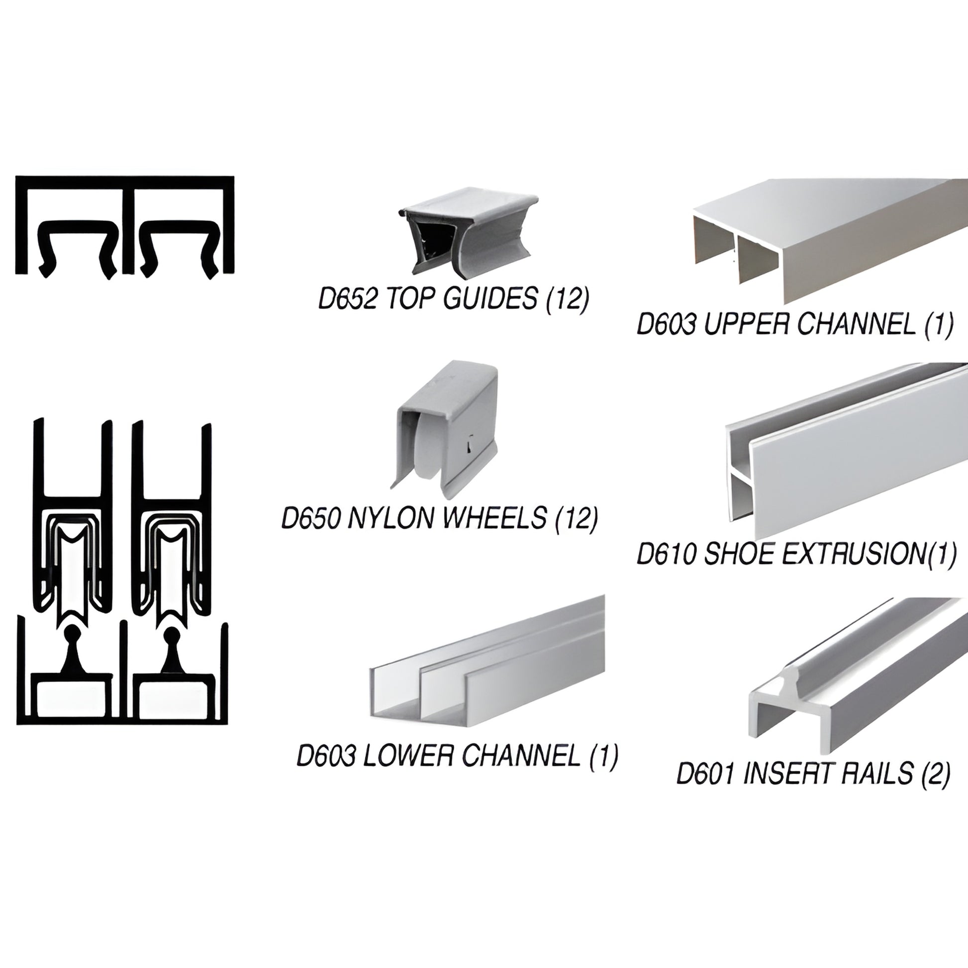 D2301BA aluminum deluxe rolling track assembly, brite anodized, 12' length with D650 nylon wheels for 1/4" interior glass.