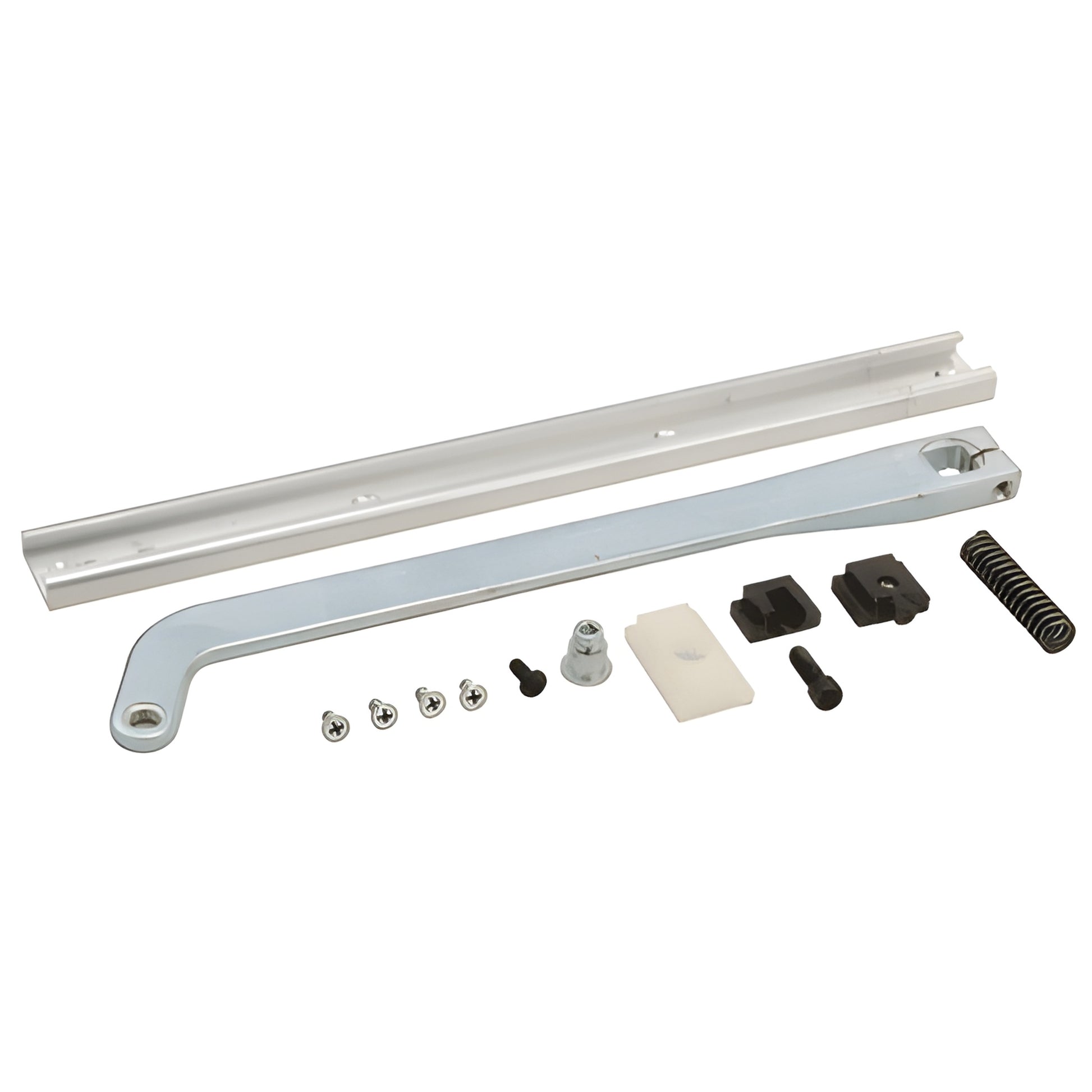 RTS8812 Dormakaba RTS88 offset arm and channel kit - silver slide track, arm, spring and mounting hardware.