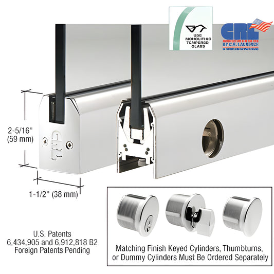 Polished stainless steel low-profile door rail (59 mm x 38 mm) for 1/2" glass with lock, SKU DR2TPS12CL